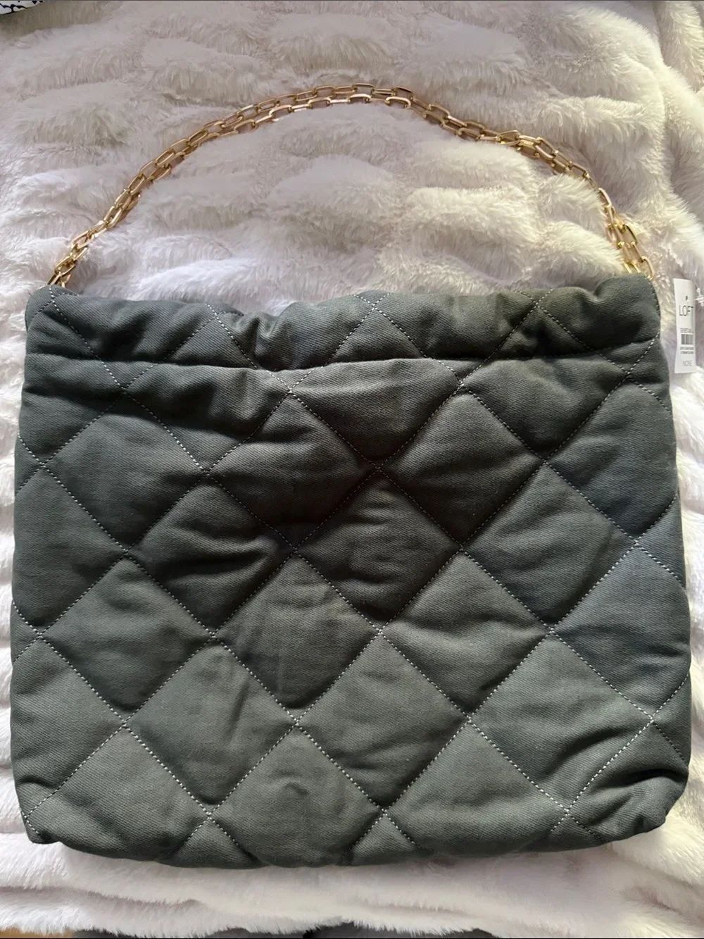 NWT LOFT Green Quilted Fabric Shoulder Bag Purse 15" x 12"
